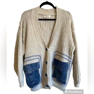 Chunky Knit Denim Accent Pockets Oversized Cardigan Size S